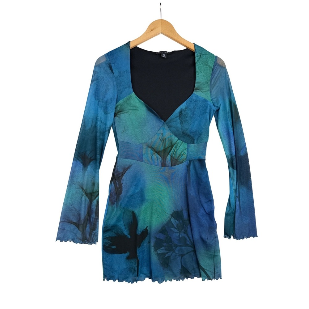 PrettyLittleThing Long Sleeve‎ Fairycore Mesh Mini Dress size 8 Blue/Green